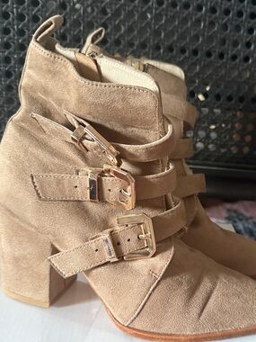 REVOLVE Tan Suede Triple Buckle Ankle Boots